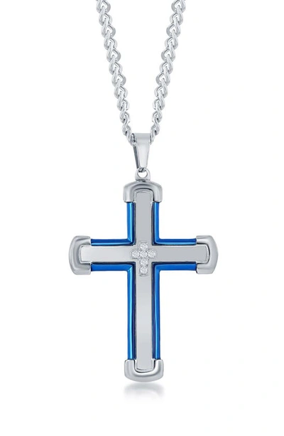 Blackjack Stainless Steel Cubic Zirconia Cross Necklace In Blue/ Silver