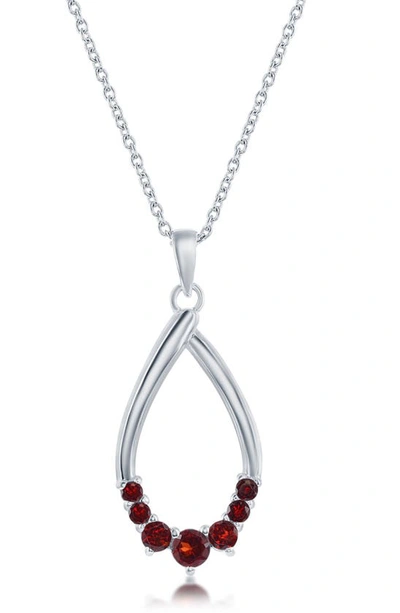 Simona Sterling Silver Open Drop Garnet Pendant Necklace