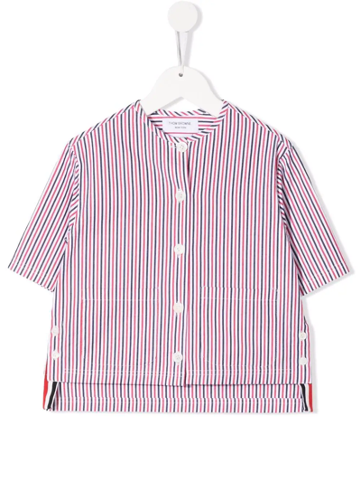 Thom Browne Kids' Rwb Stripe Short-sleeve Cotton Shirt In Red