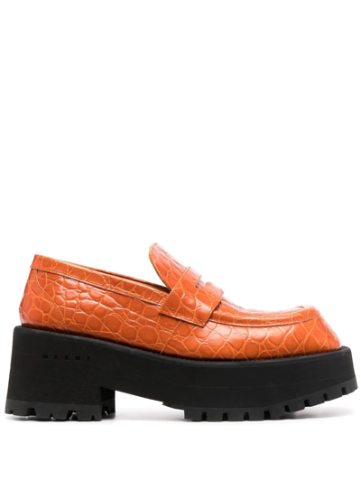 Marni Croc-effect Moccasin Loafers In Orange