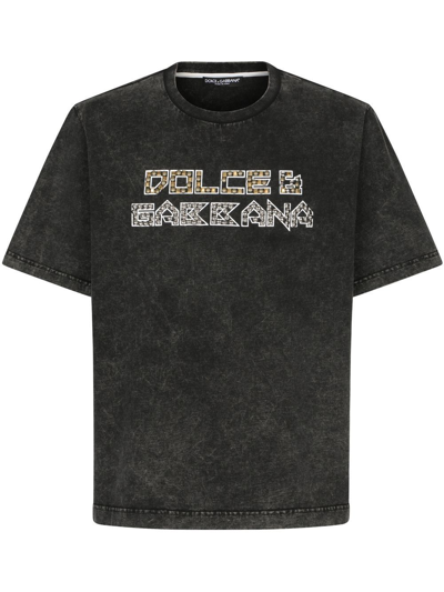 Dolce & Gabbana Stud-embellished Washed Cotton T-shirt In Gray