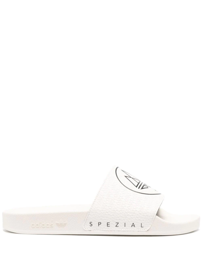 Adidas Originals White Spezial Adilette Logo Print Rubber Slides