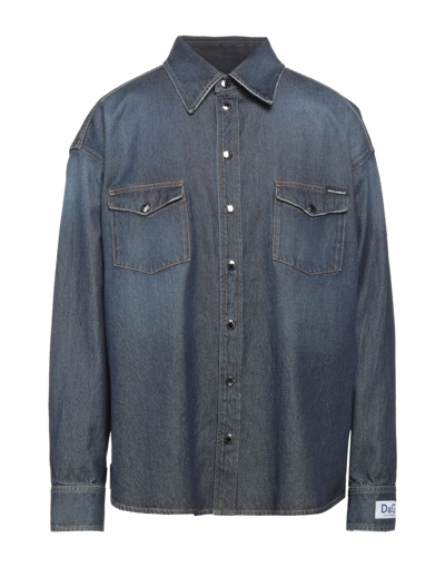 Dolce & Gabbana Blue Denim Button Casual Logo Patch Men Shirt