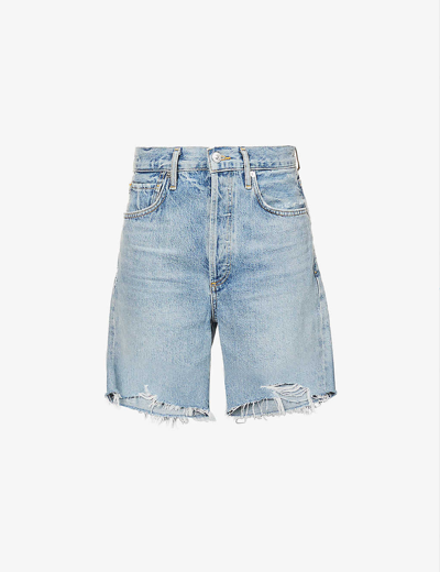 Citizen Of Humanity Ayla Distressed High Waist Cutoff Denim Bermuda Shorts In Blue