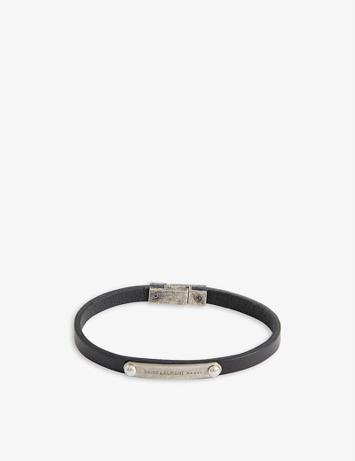 Saint Laurent Id Logo-engraved Brushed Palladium And Leather Bracelet In Nero