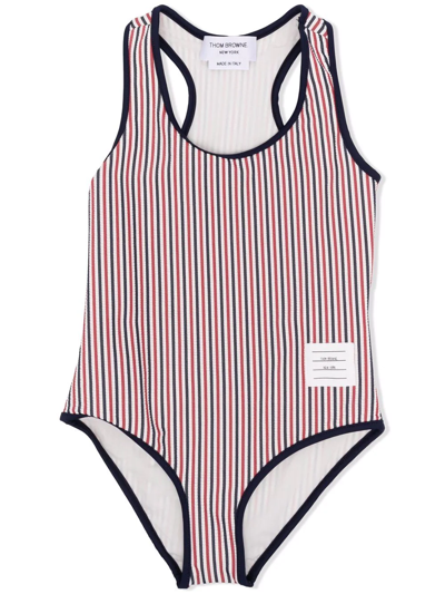 Thom Browne Kids' Rwb Striped Swimsuit In Red
