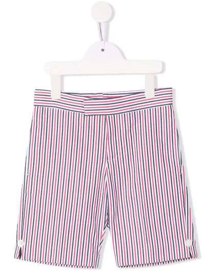 Thom Browne Kids' Striped Seersucker Bermuda Shorts In Red