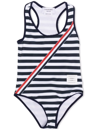 Thom Browne Kids' Rwb Stripe-detail Swimsuit In Blue