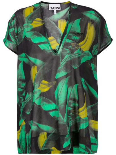 Ganni Banana Tree-print Beach Kaftan In Banana Tree Black
