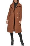 Guess Removable Faux Fur Collar Wool Blend Double Breasted Walker Coat In Vicuna