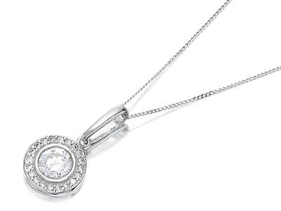 Pre-owned F.hinds Womens 9ct White Gold Cubic Zirconia Halo Necklace