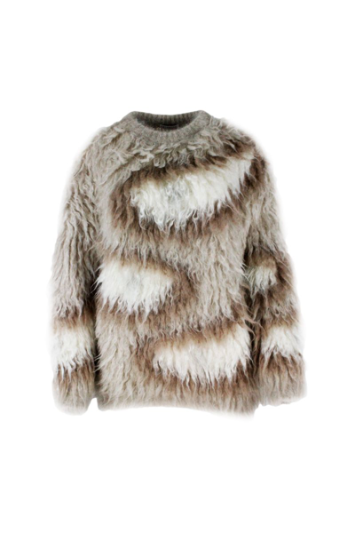 Brunello Cucinelli Mohair Intarsia Jumper With Monili On The Back Neck In Beige