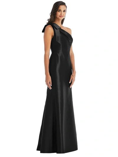 Dessy Collection Bow One-shoulder Satin Trumpet Gown In Black