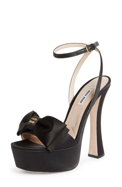 Miu Miu Satin Bow Platform Ankle-strap Sandals In Black