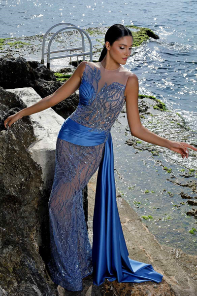 Mnm Couture Illusion Neck Gown With Drape