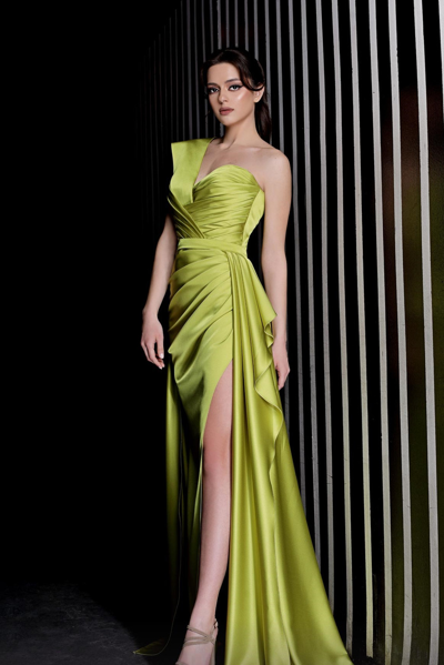 Mnm Couture One Shoulder Gathered Slit Gown