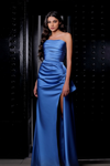 MNM COUTURE RUCHED STRAPLESS SLIT GOWN