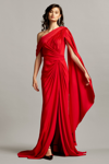 TADASHI SHOJI ONE SHOULDER DRAPED SLEEVE RED GOWN