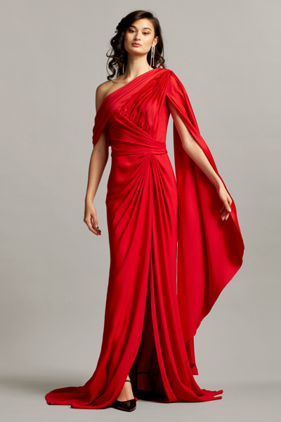Tadashi Shoji One Shoulder Draped Sleeve Red Gown In Lava Red