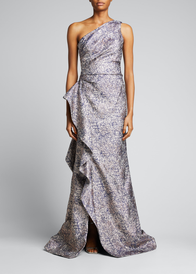 Rickie Freeman For Teri Jon One-shoulder Jacquard Side-ruffle Gown In Pink / Lilac