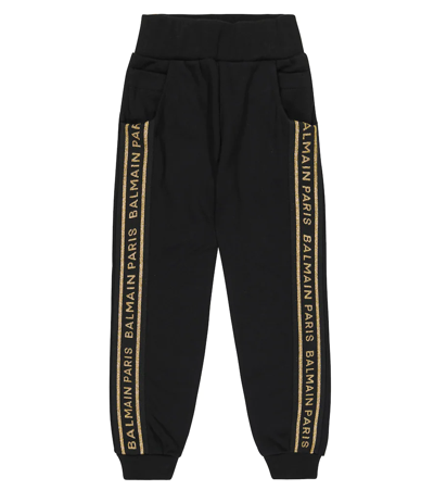 Balmain Kids' Glitter-logo Cotton Jersey Sweatpants In Black