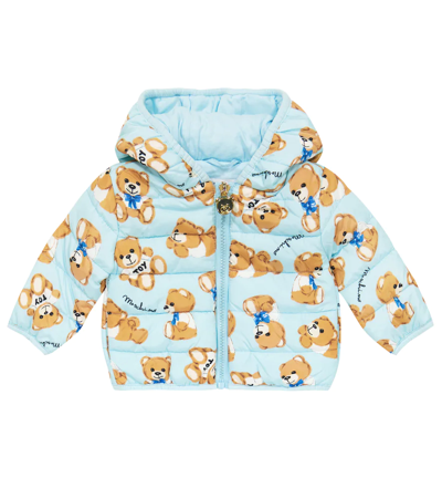 Moschino Babies' Teddy-print Hooded Puffer Jacket In Blue