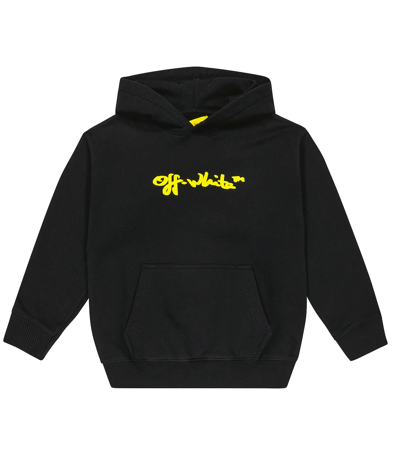 Off-white Kids' Logo Cotton Jersey Hoodie In Black Yellow
