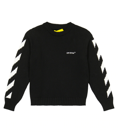 Off-white Kids' Logo嵌花棉质毛衣 In Black