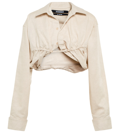 Jacquemus Baci Cropped Underwired Cotton And Linen-blend Shirt In Beige