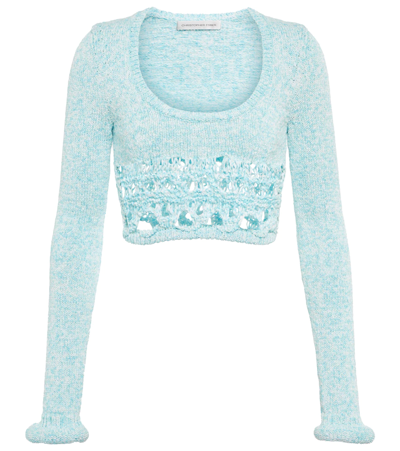 Christopher Esber Open-knit Cotton-blend Crop Top In Iced Aqua Marle