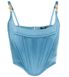 Versace Cropped Embellished Twill-jacquard Bustier Top In Light Blue