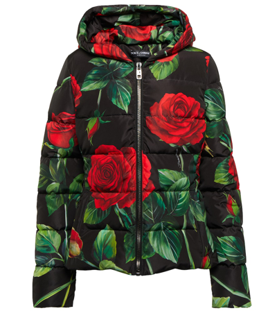 Dolce & Gabbana Multicolor Floral-print Short Down Jacket In Black,red,green