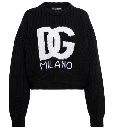 Dolce & Gabbana Intarsia Knit Logo Crop Virgin Wool Rib Jumper In Black