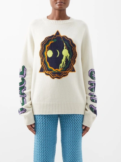 The Elder Statesman Peace And Unity Jacquard-knit Cashmere Sweater In White Multi