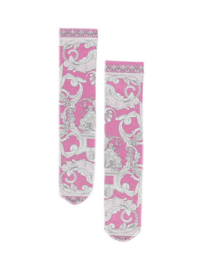 Versace Baroque Pattern-print Socks In Pink