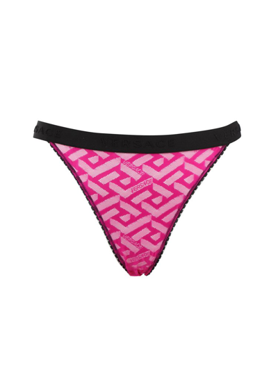 Versace Logo Printed Mesh Detail Thong In Deep Fuxia