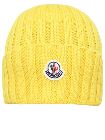 Moncler Logo Detail Rib Knit Wool Hat In Yellow