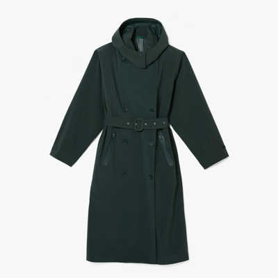 Lacoste Double-breasted Belted Hooded Shell Trench Coat In Green