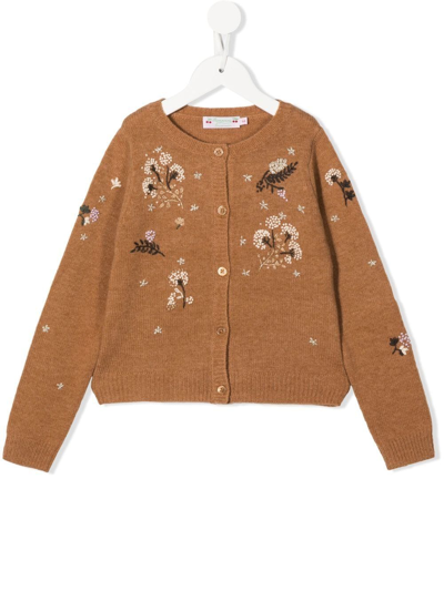 Bonpoint Kids' Toesie Floral-embroidered Wool Cardigan In Brown