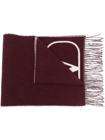 Valentino Brand-print Fringed Wool And Cashmere-blend Scarf In Burgundy White