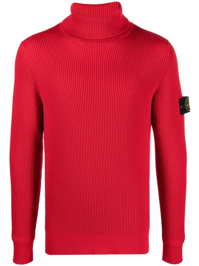 Stone Island Compass-patch Roll-neck Jumper In Red