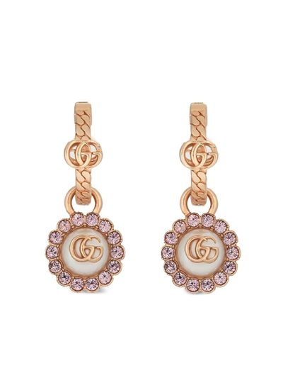 Gucci Crystal-embellished Logo-plaque Droplet Earrings In Gold
