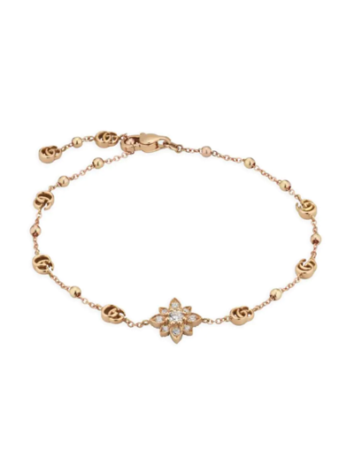 Gucci 18k Yellow Gold And White Diamond Flora Gg Bracelet In Pink