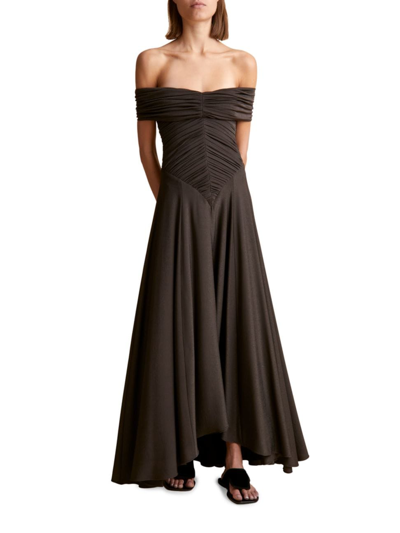 Khaite Punzel Off-the-shoulder Pleated Jersey Maxi Dress In Brown