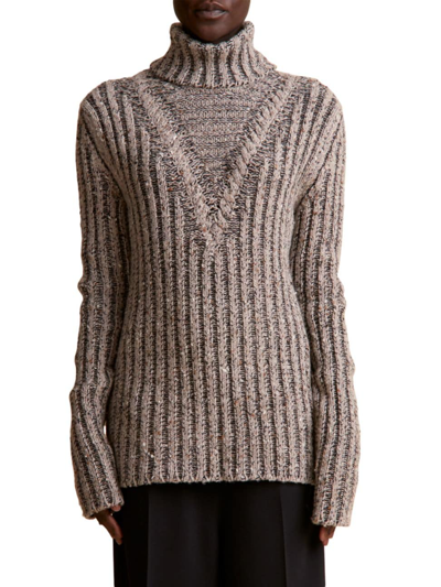 Khaite Hadlee Speckled Cable Knit Cashmere Turtleneck Sweater In Biscuit