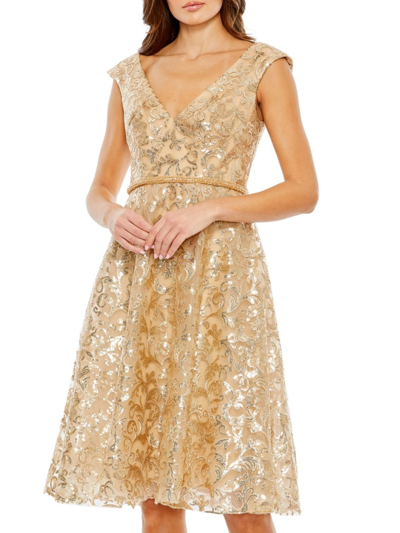 Mac Duggal Sequin V-neck Cap-sleeve Knee-length Dress In Gold