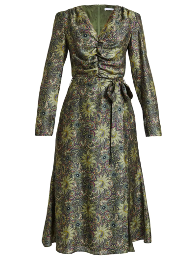 Santorelli Blair Ruched Paisley-print Midi Dress In Green