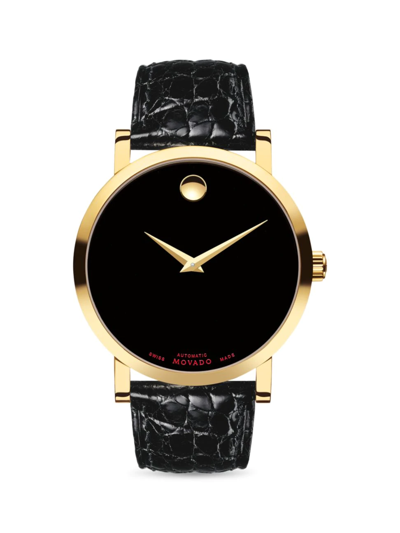 Movado Museum Gold Leather-strap Watch In Black