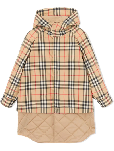 Burberry Check-pattern Hooded Coat In Neutrals