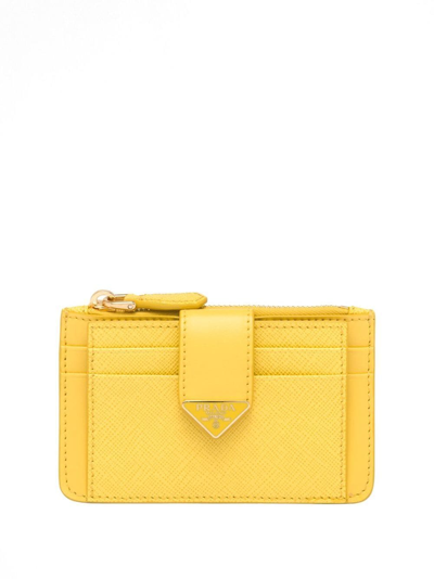 Prada Logo标牌皮质卡夹 In Yellow